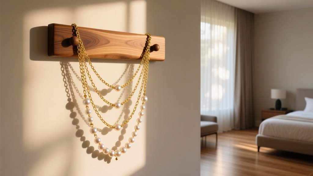 Wide shot of an oak wood necklace wall hanger displaying layered gold chains and pearl pendants in a sunlit, modern bedroom space.