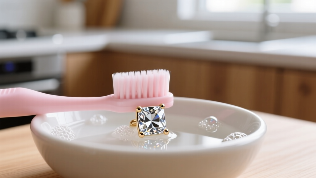 Close-up of a soft baby toothbrush gently scrubbing a cubic zirconia pavé earring in a small bowl of lukewarm soapy water