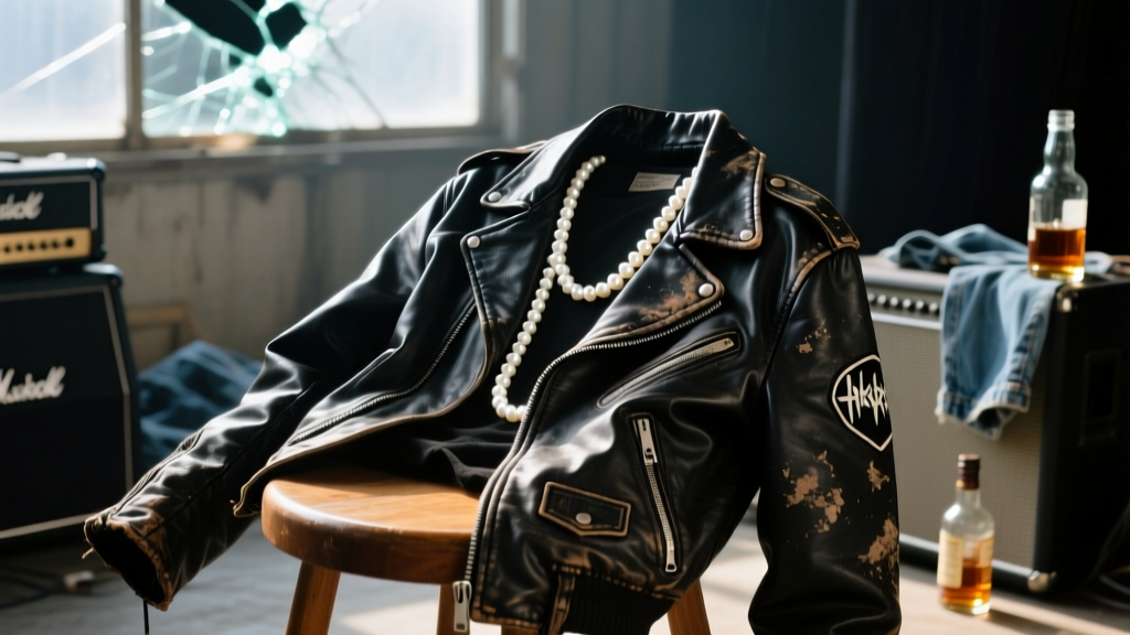 Vintage 1980s rock concert backstage scene featuring a glowing strand of white Akoya pearls resting on a black leather jacket