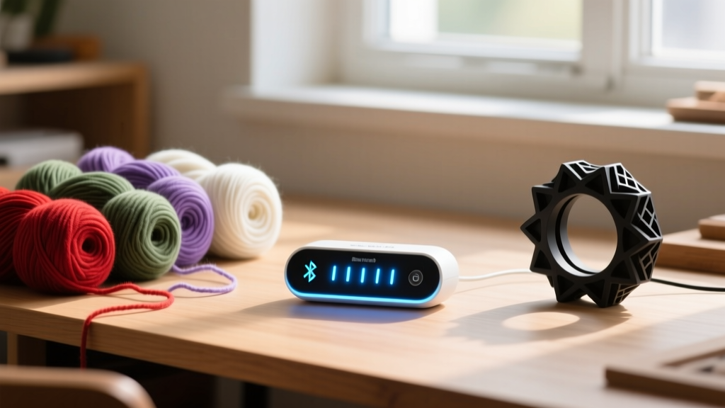 A cozy maker desk featuring a glowing Bluetooth smart row counter, skeins of merino wool, and a custom 3D-printed yarn tension ring.