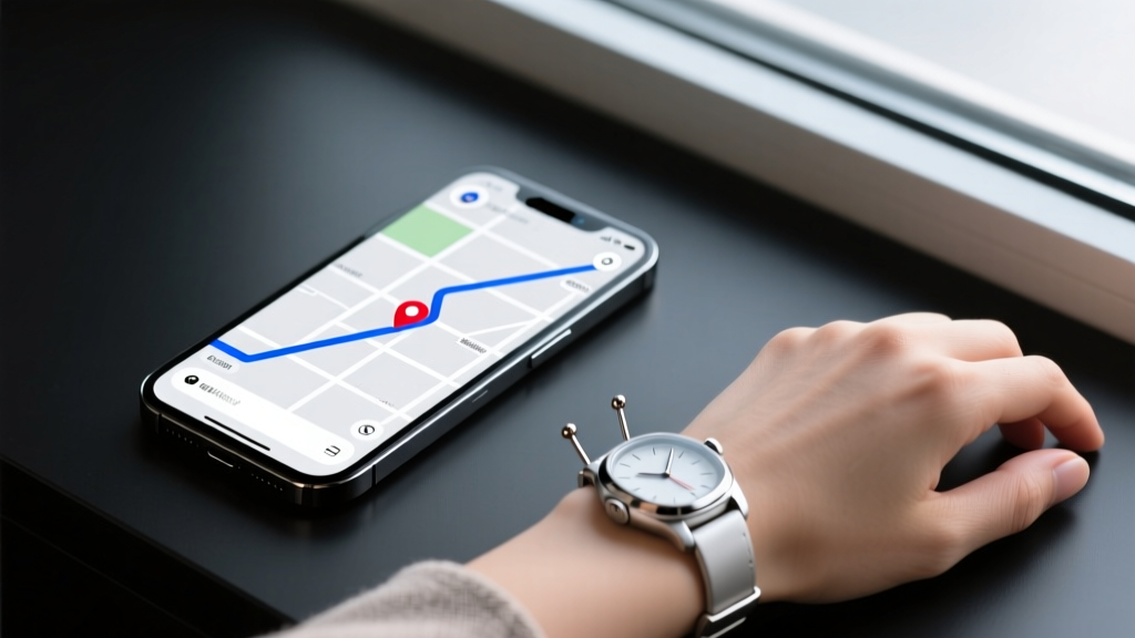 A sleek smartphone screen displaying a real-time GPS map interface connected to a hidden wearable spy gadget for women