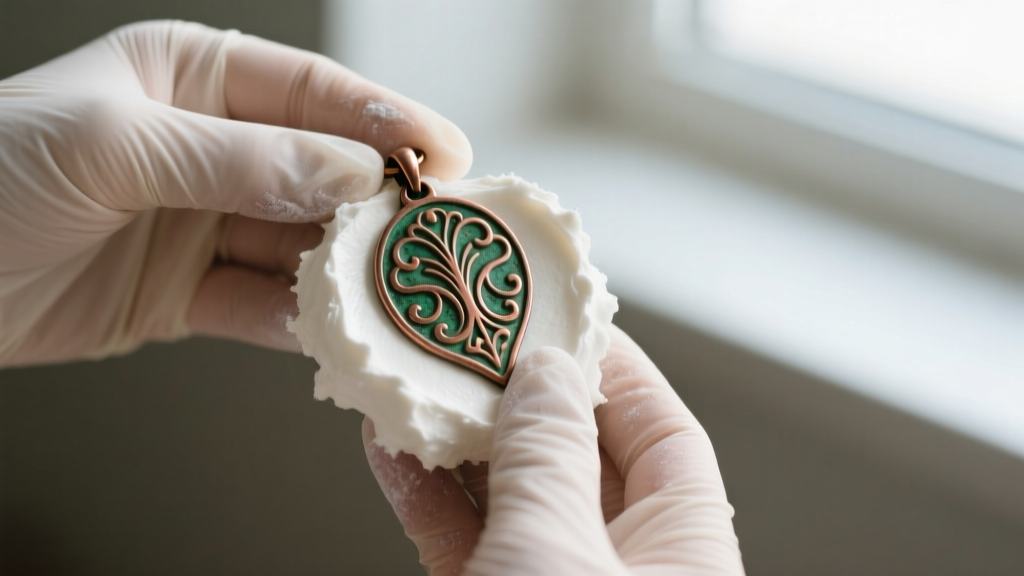 Hands wearing nitrile gloves gently rubbing a thick white baking soda paste onto an intricately stamped, oxidized copper pendant.