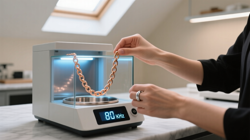 Jeweler using an ultrasonic cleaner with a digital frequency display to safely clean a delicate 14k rose gold chain link necklace.