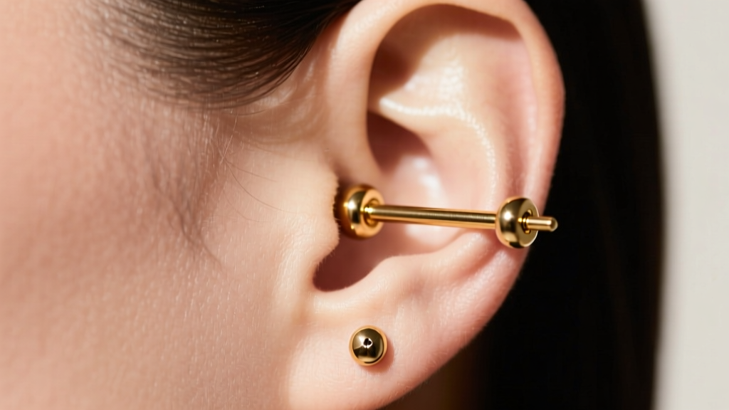 Side profile of an 18-gauge gold threadless labret in the upper lobe, highlighting a flush fit and high-polish metallic finish