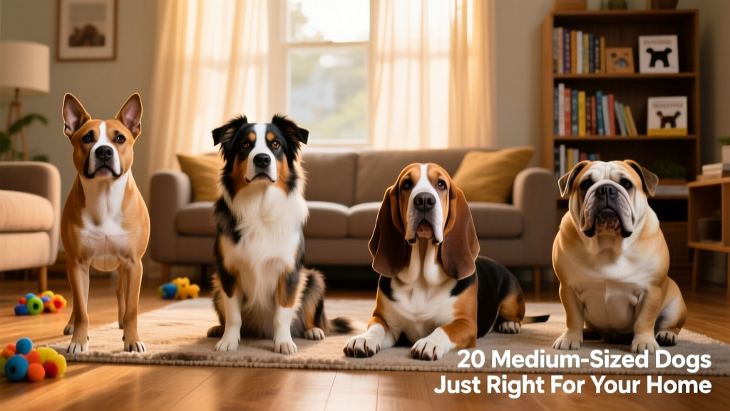 Side-by-side comparison of several medium-sized dog breeds—American Staffordshire Terrier, Australian Shepherd, Basset Hound, and Bulldog—in a cozy, well-lit living room setting