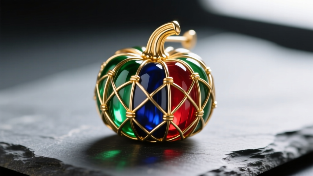 Close-up macro shot of a vitreous enamel pumpkin earring with intricate gold cloisonné wirework on a slate surface