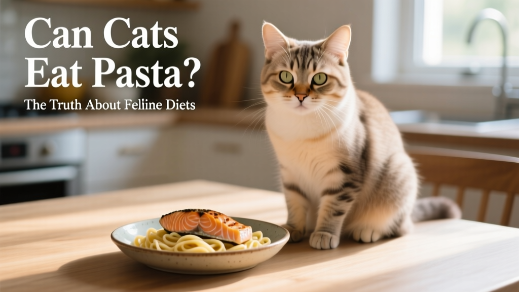 A happy, healthy cat sitting beside a small dish of plain cooked pasta and a piece of grilled salmon