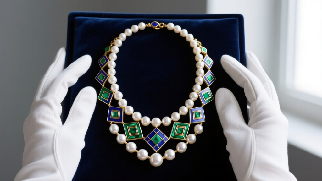 White cotton gloves gently holding a delicate multi-strand pearl and guilloché enamel necklace over a dark velvet appraisal pad