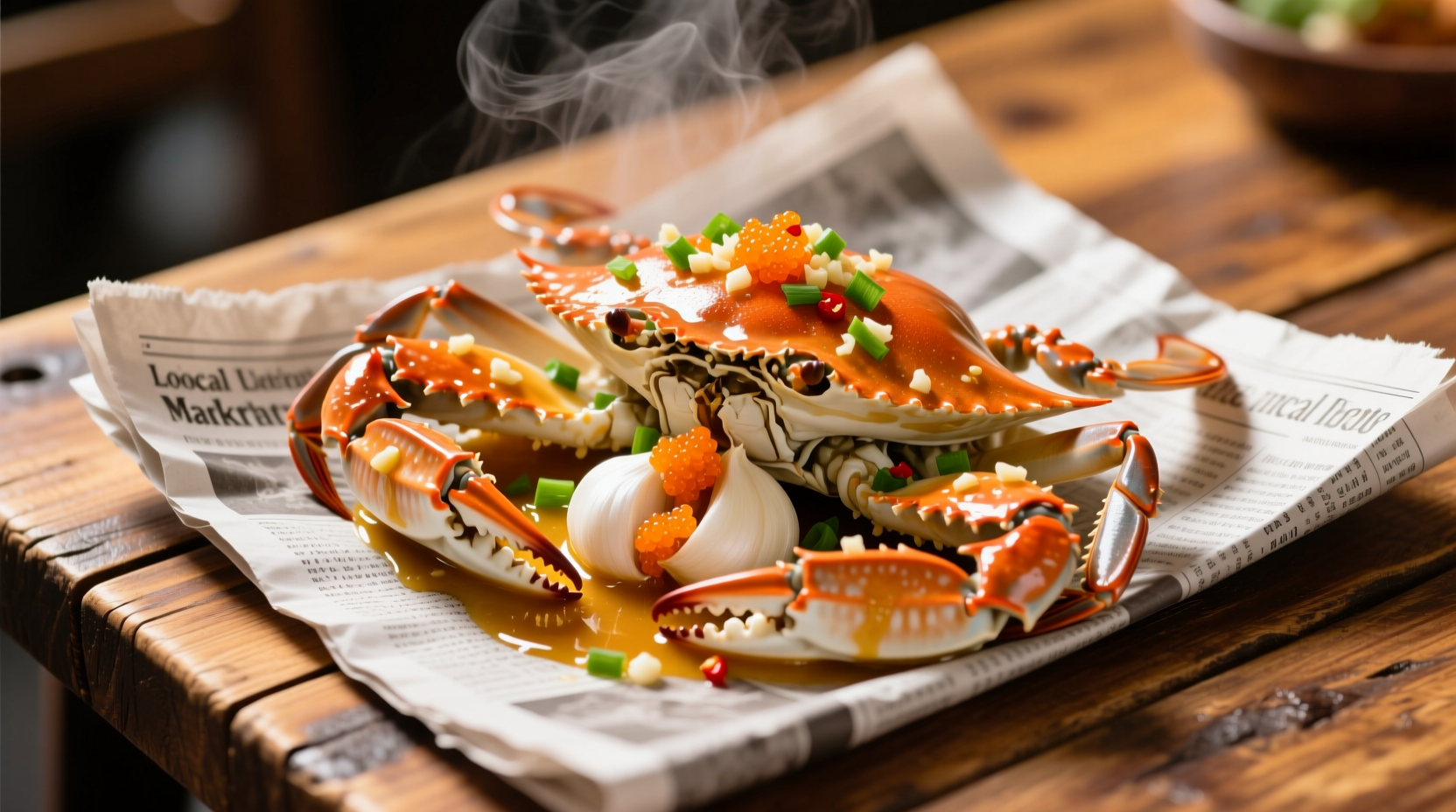 Fresh garlic crab served in newspaper on wooden table