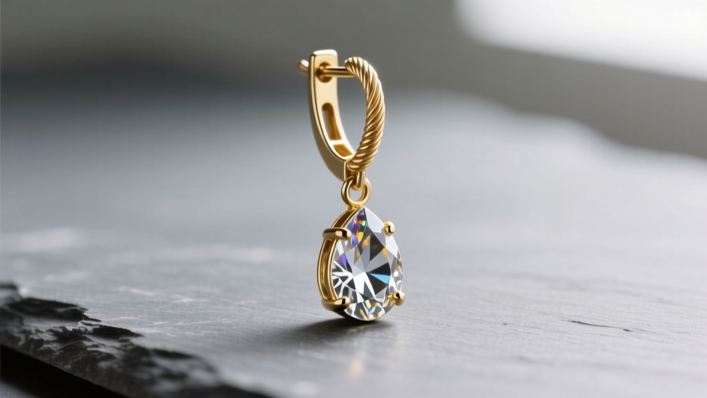 Close-up of a 14k gold drop dangle earring on slate, showing the leverback clasp, thick wire gauge, and faceted teardrop gemstone.