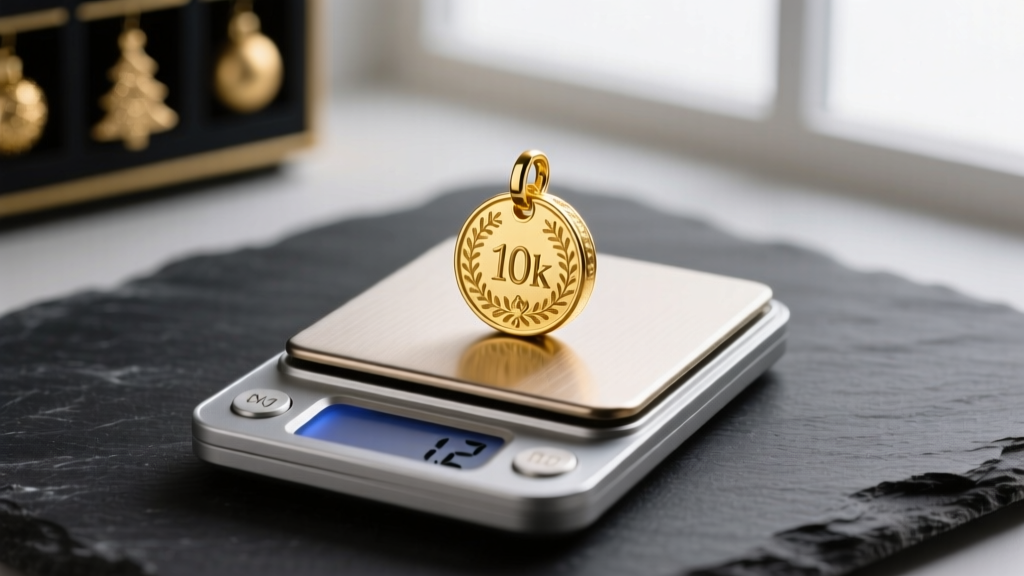 Digital jewelry scale weighing a solid 10k gold charm from an advent calendar, displaying 1.2 grams on a dark slate background.