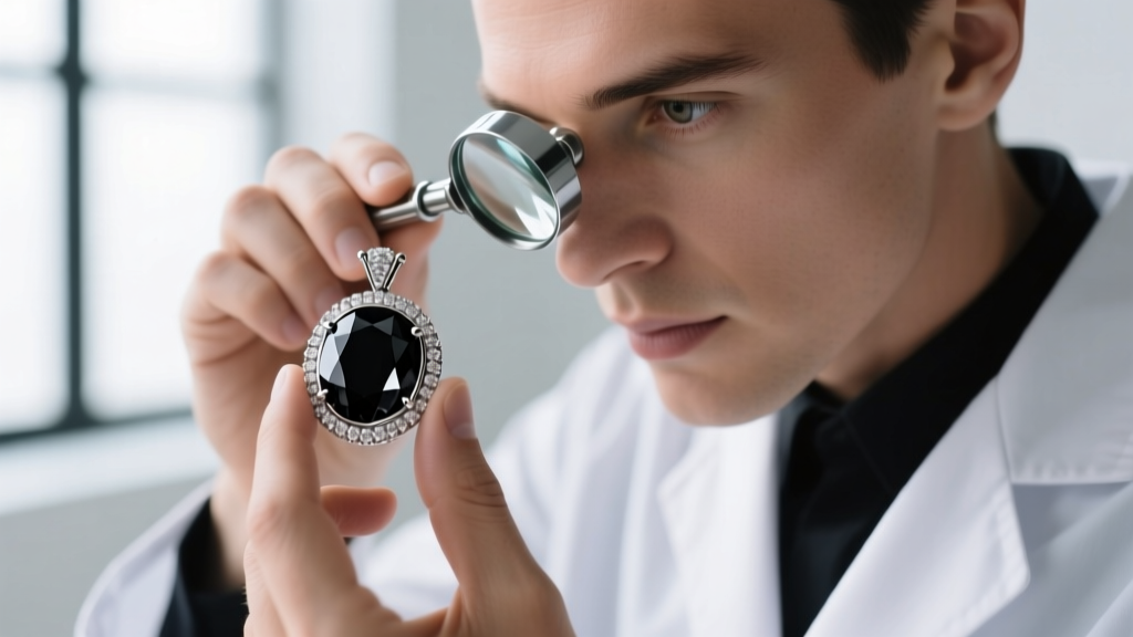 Jeweler inspecting a black diamond pendant bezel setting with a loupe, highlighting the secure metal rim around the opaque stone.