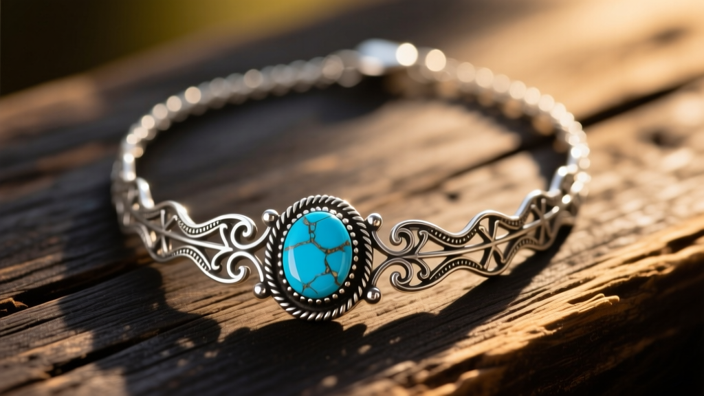 Sterling silver turquoise Western necklace on dark wood under soft warm light, highlighting the blue stone's intricate dark matrix.