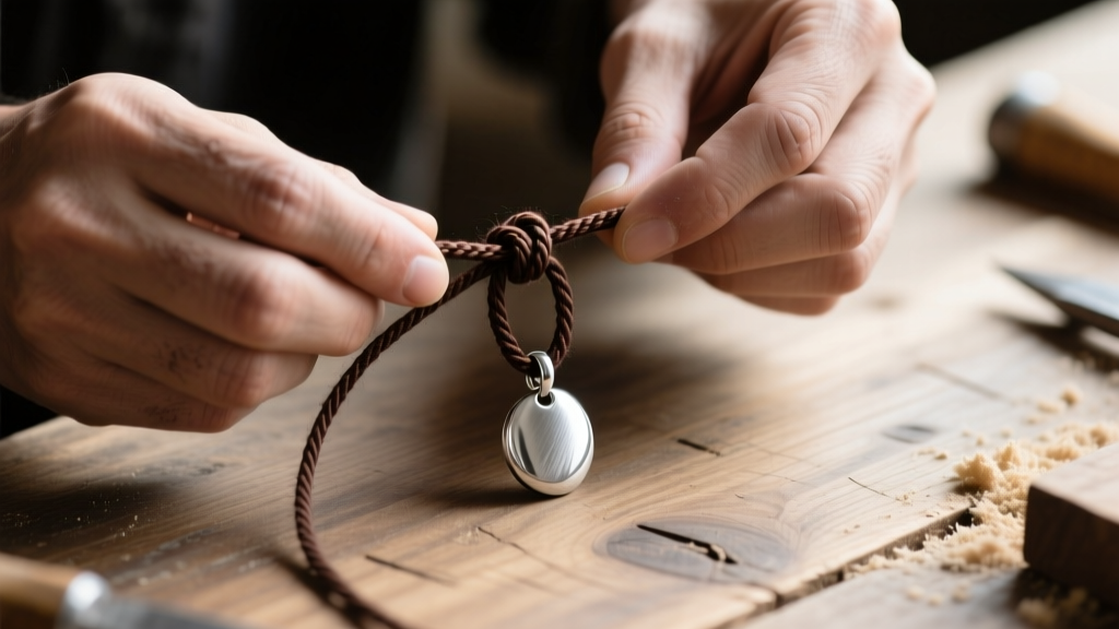 Close-up of hands tying a sliding knot on 1mm dark brown waxed cotton cord with a silver pendant, on a wooden craft table.