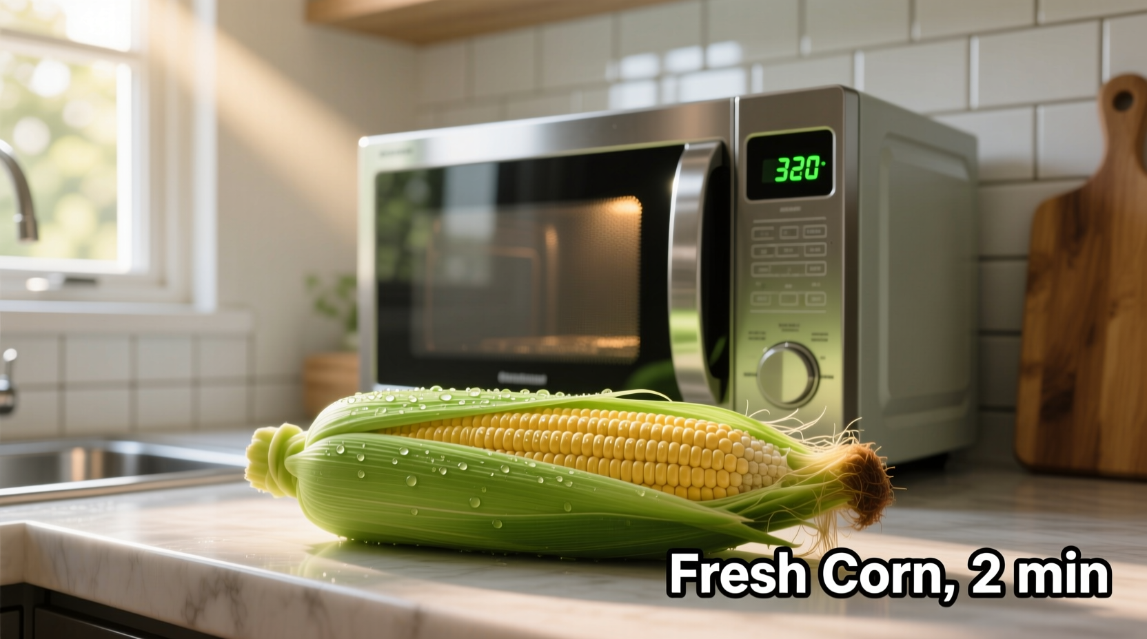 Fresh corn being microwaved in husk
