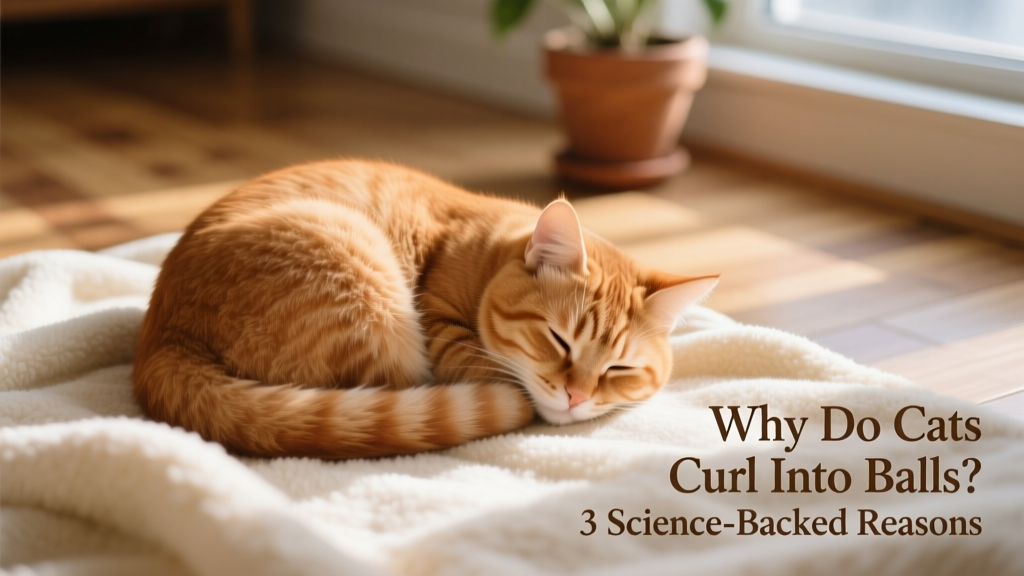 A ginger cat sleeping curled into a tight ball on a soft blanket