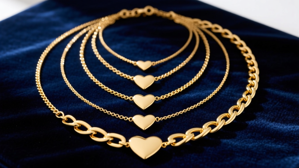 Flat lay of layered 18k gold vermeil multi heart necklaces on dark navy velvet, showcasing varied chain lengths and pendant sizes.