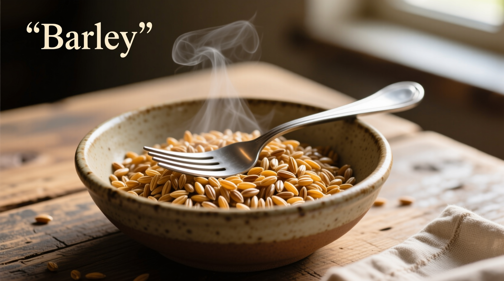 Perfectly cooked barley in bowl with fork