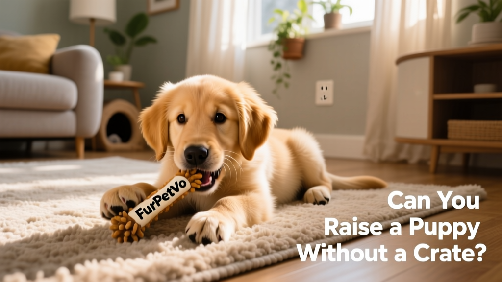 Puppy playing with a FurPetVo chew toy on a rug in a puppy-proofed living room
