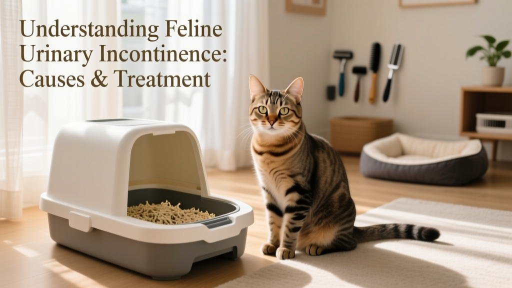 Happy, well-groomed cat sitting beside a clean, accessible litter box with fresh litter