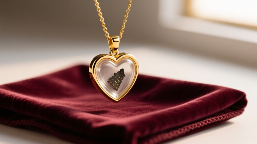 Close-up of a gold memorial pendant with infused cremation ashes resting on a soft velvet cleaning cloth under warm studio light