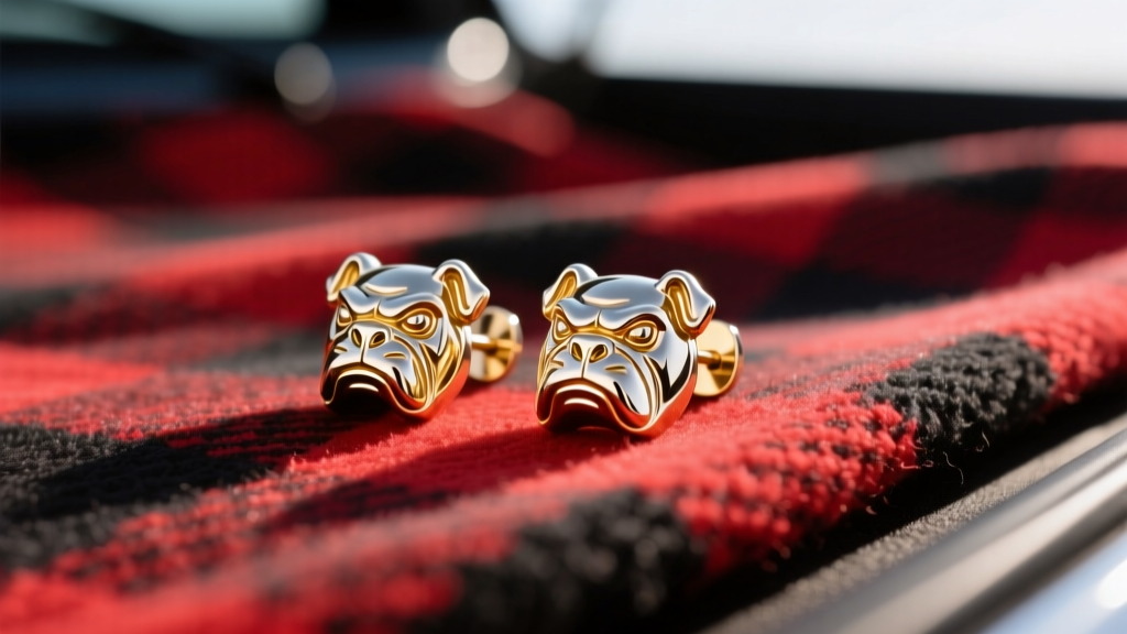 Close-up of gold plated sterling silver Georgia Bulldog head stud earrings resting on a red and black checkered tailgate blanket