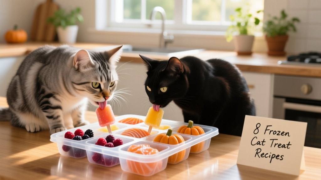 Two cats gently licking frozen treats from a silicone tray