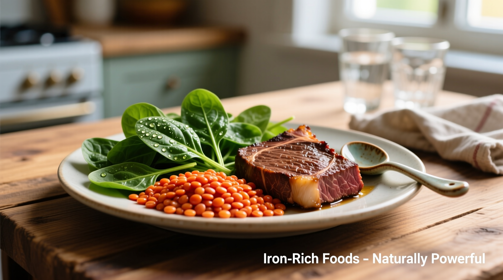 Colorful plate of iron-rich foods including spinach, lentils, and lean beef