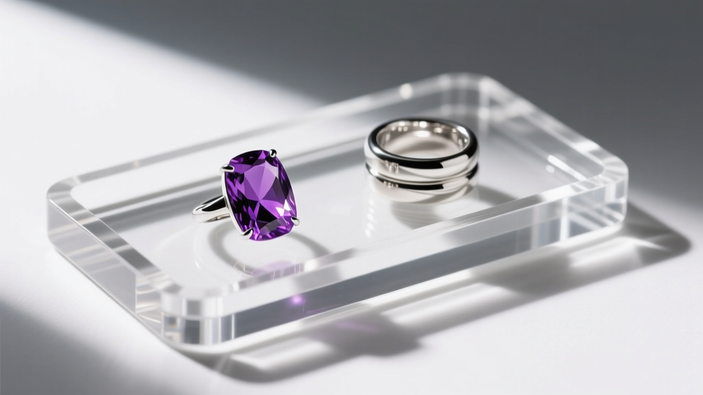 Clear acrylic ring and jewelry holder tray with padded slots protecting an amethyst cocktail ring and a thick silver thumb ring