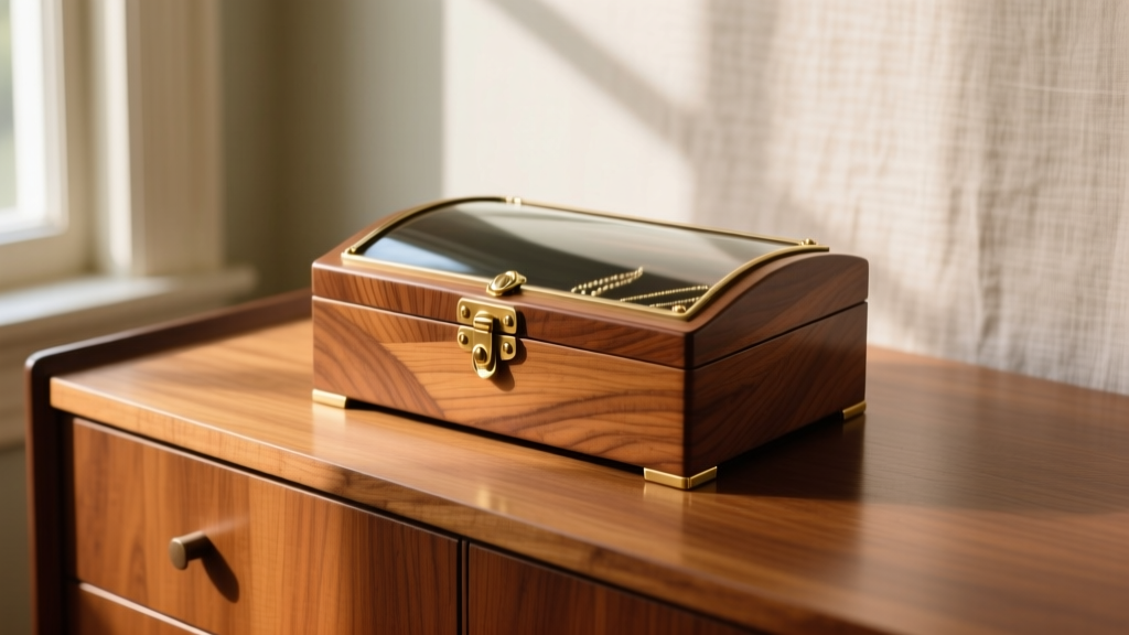 A pristine 1950s birdseye maple jewelry box with a curved glass lid and brass hardware, resting on a mid-century teak dresser