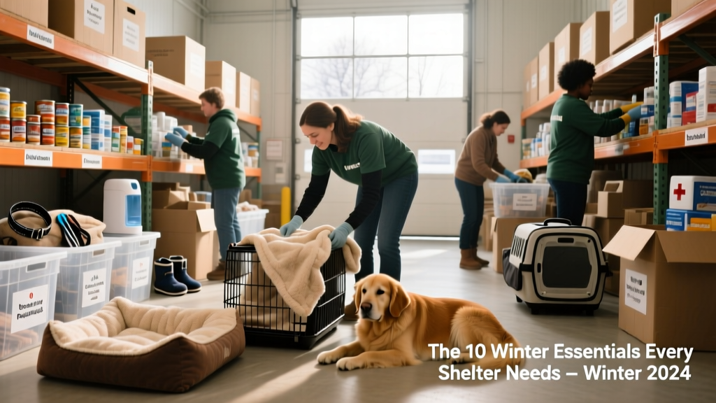 Volunteers sorting donated pet supplies in a bright, organized shelter warehouse