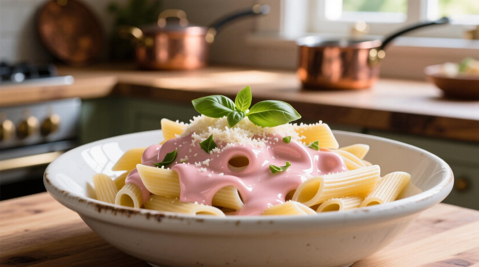 Creamy pink vodka sauce coating penne pasta in a white bowl