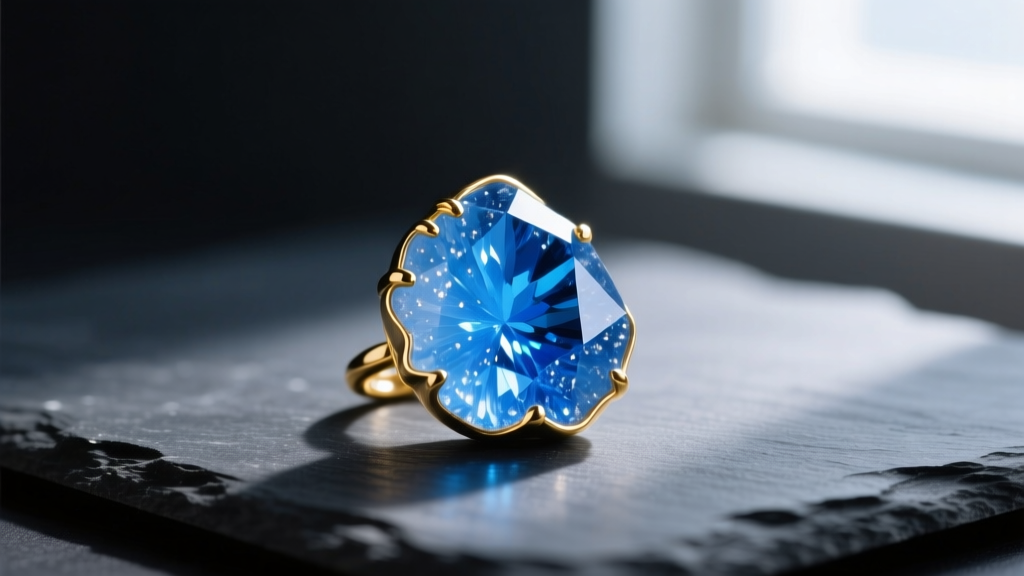 Gold bezel-set blue druzy pendant on dark slate, soft lighting highlighting the micro-crystal surface texture and vibrant color