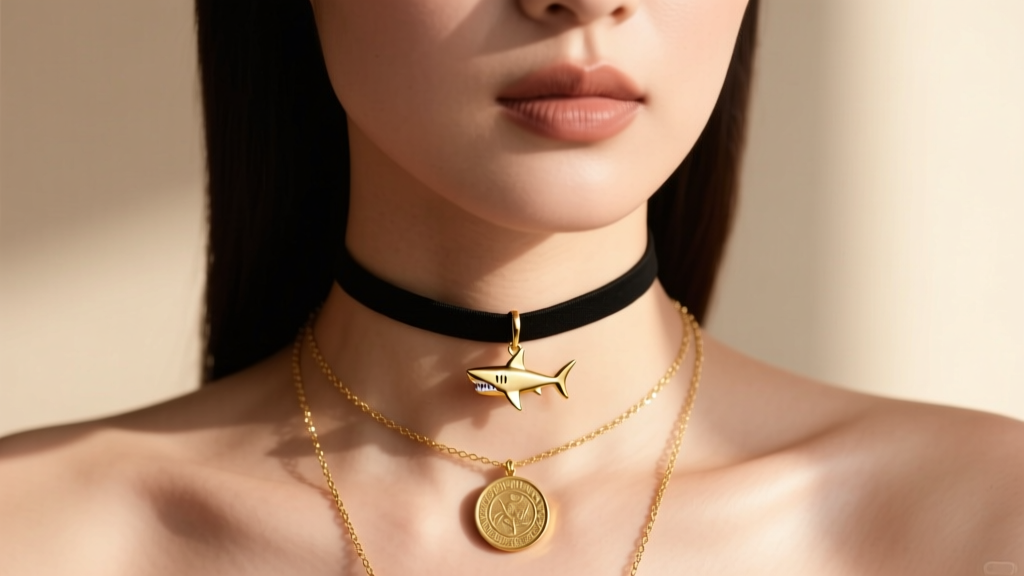 Close-up of a model wearing a small 10k gold shark tooth pendant on a choker, layered with a longer delicate gold coin necklace.