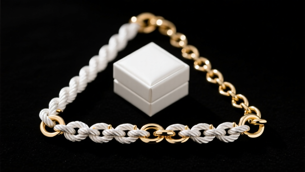 Macro comparison of rope, box, and cable chain weaves in white gold, showing link structures and solder joints on a dark backdrop