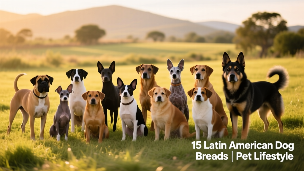 A diverse group of Latin American dog breeds posing together on a sunlit grassy field