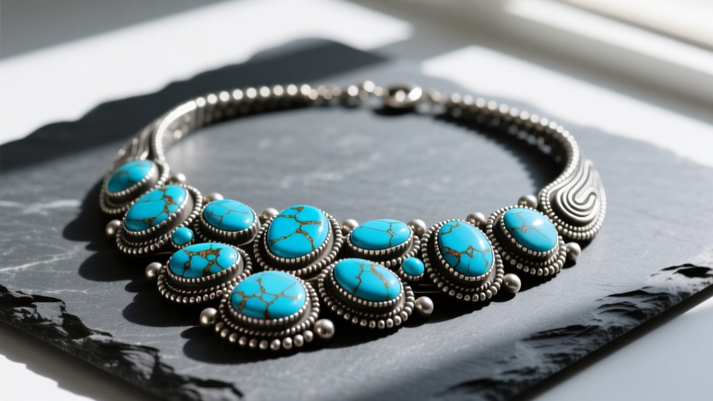 Flat lay of a heavy vintage Navajo sterling silver squash blossom necklace with blue Kingman turquoise stones on dark slate