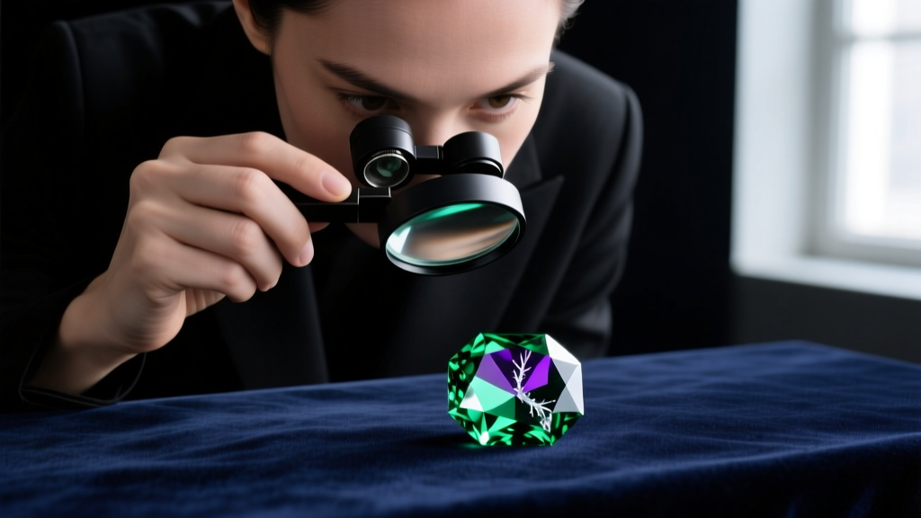 Jeweler using a 10x triplet loupe to inspect a loose alexandrite stone for internal inclusions against a dark velvet background