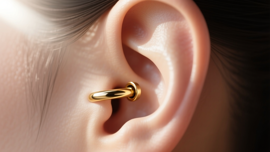 Macro shot of a right ear wearing a single 18g implant-grade titanium seamless clicker ring in the helix piercing, soft sunlight