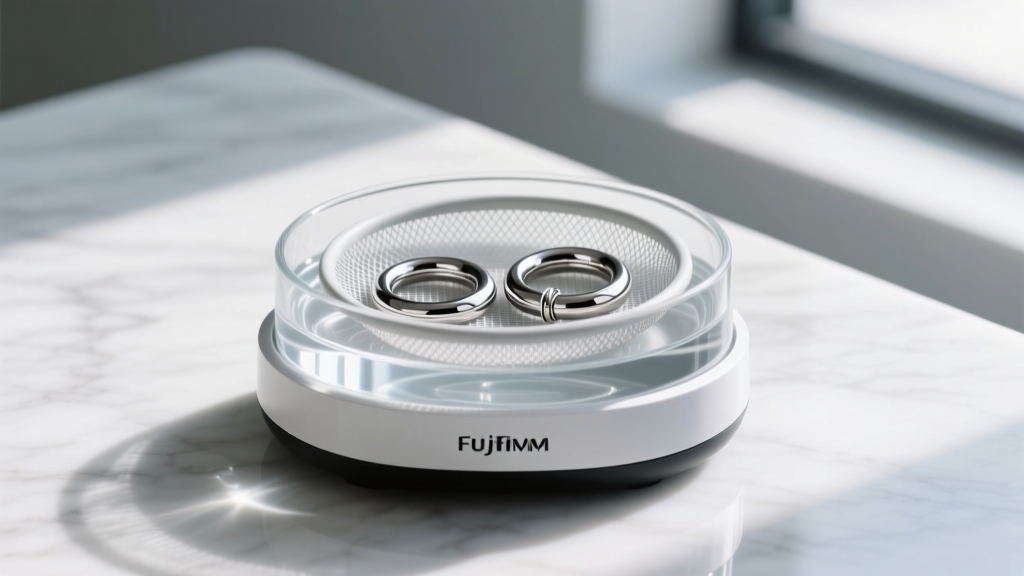 Digital ultrasonic jewelry cleaner filled with water, holding a mesh basket of ASTM F136 titanium seamless cartilage hoops inside.