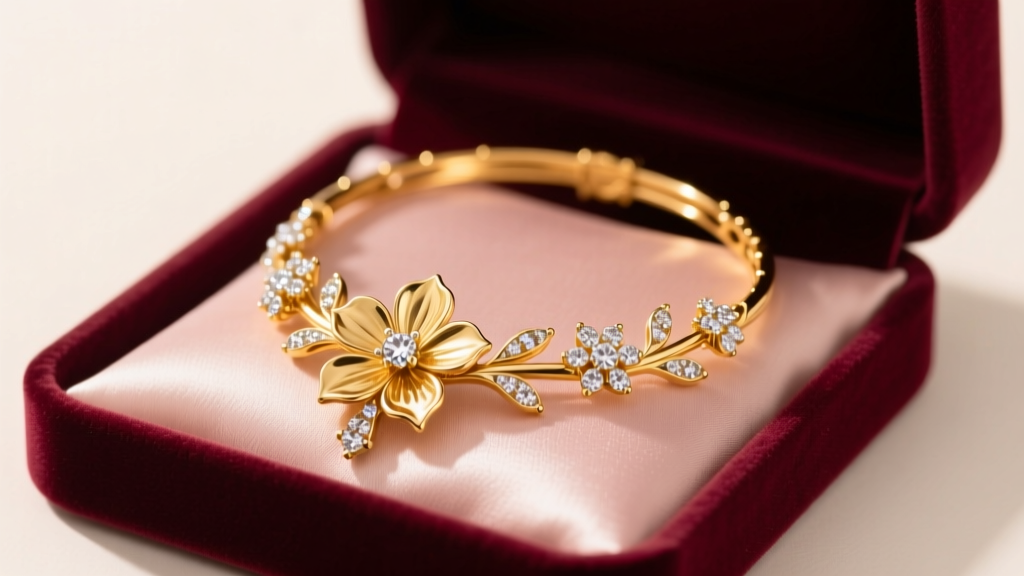 Velvet box revealing a 14k gold floral choker necklace with diamond petals, resting on blush silk under warm studio lighting.