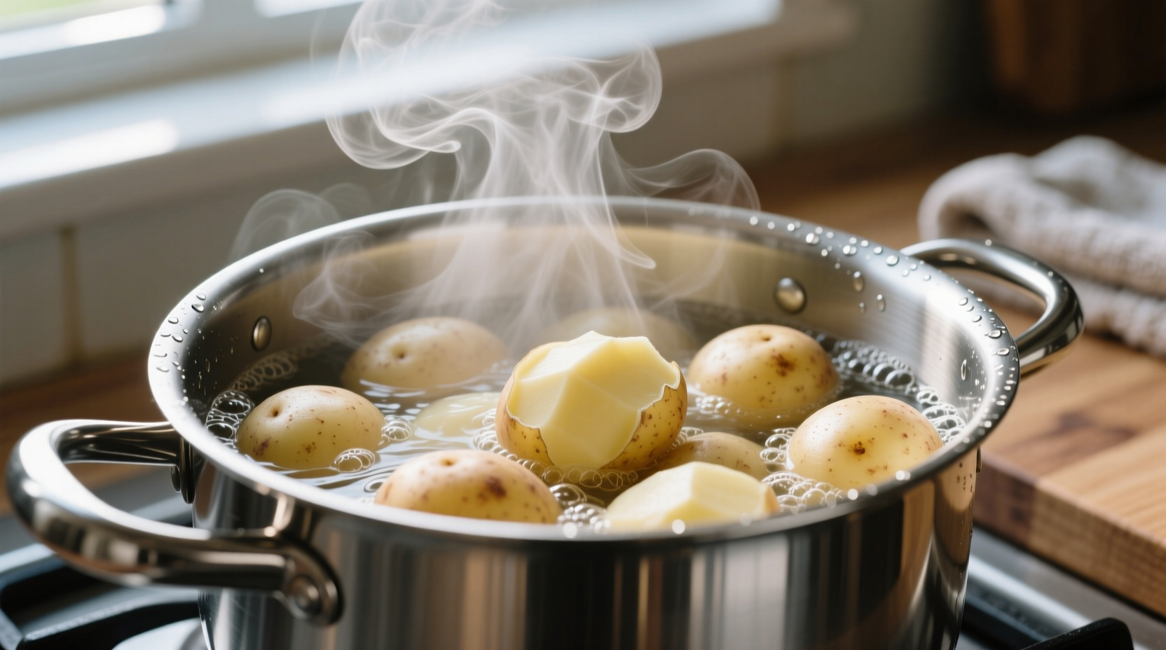 Potatoes parboiling in a stainless steel pot with steam rising
