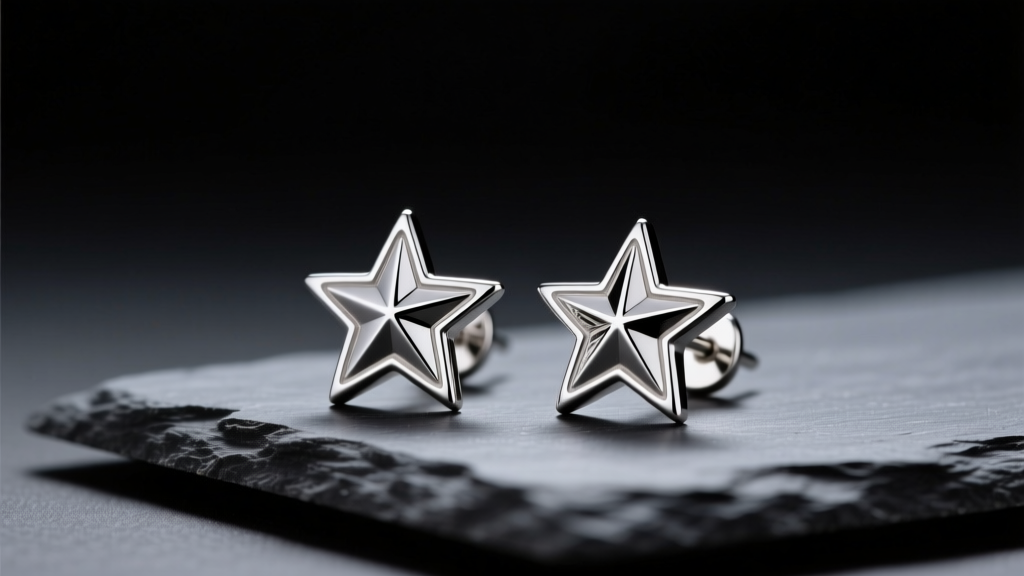 Sterling silver Mercedes Benz three-pointed star stud earrings resting on a dark slate surface under soft studio lighting.