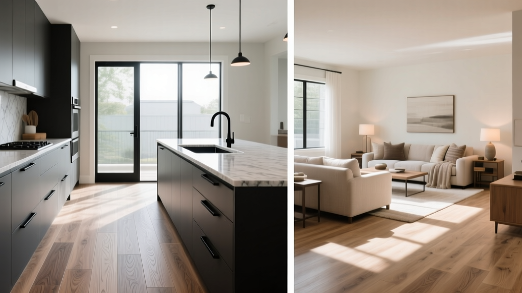 Split-view interior showing waterproof luxury vinyl plank in a kitchen transitioning to white oak hardwood in a living room