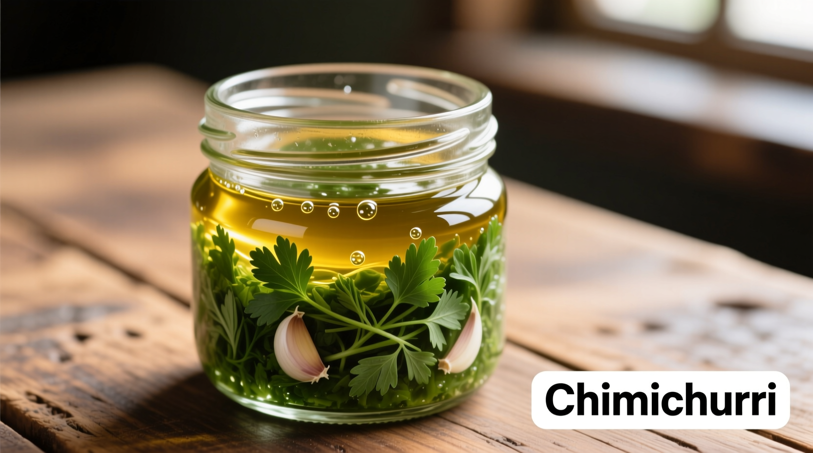 Chimichurri sauce stored in mason jar with olive oil layer