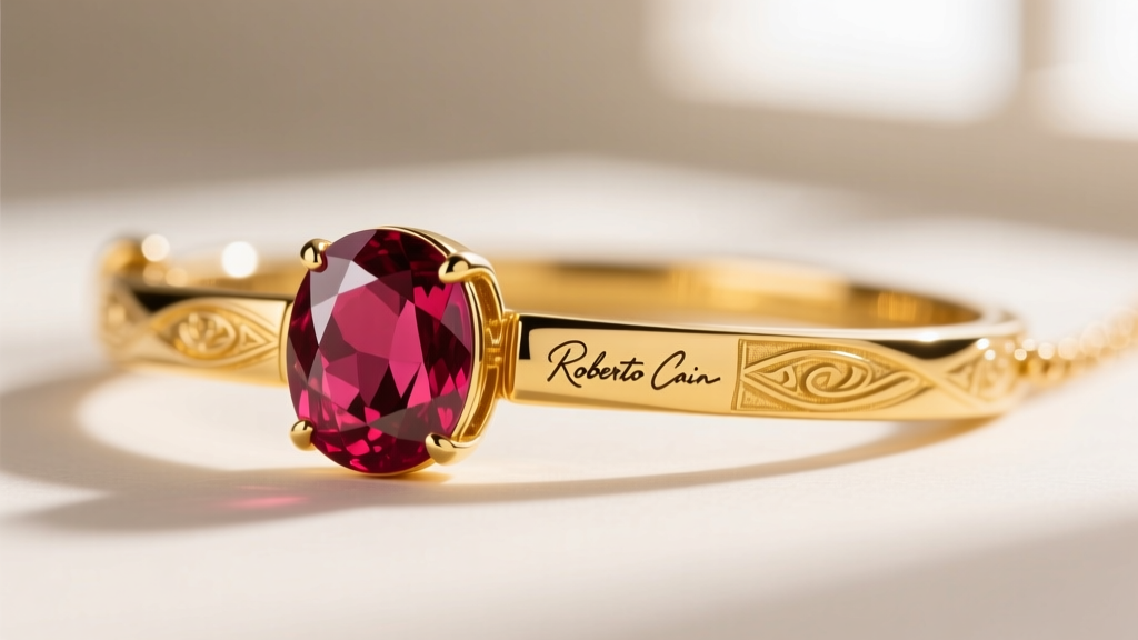 Macro photography of the hidden ruby cabochon signature on the clasp of a yellow gold Roberto Coin necklace, softly lit.