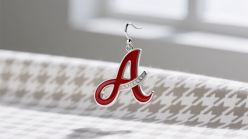 Close-up of a crimson vitreous enamel and sterling silver script A drop earring resting on white houndstooth fabric.
