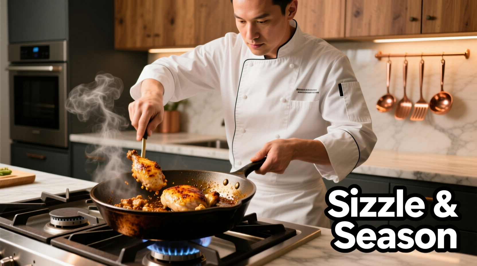 Professional chef cooking ground chicken in cast iron skillet