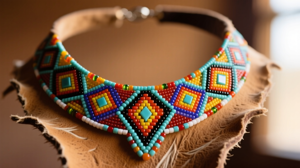 Close-up of an authentic Lakota Native American Indian beaded necklace with geometric glass seed beads on tanned deer hide.
