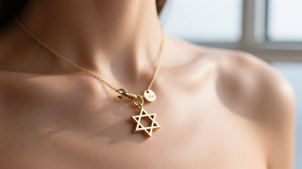 A 14k white gold tiny star of David necklace showing a small lobster clasp with a circular metal counterweight tag on bare skin.